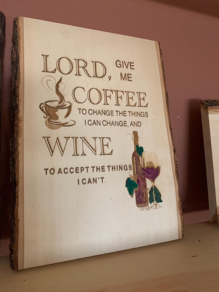 Wood Burned Coffee Wine Quote Art: Live Edge Walnut Plaque