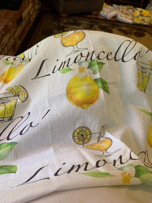 Limoncello Design 
Great for a party
adding a touch of lemon to your decor
A Salute to our favorite drink on the Amalfi Coast
100%cotton tea towel
27x27”