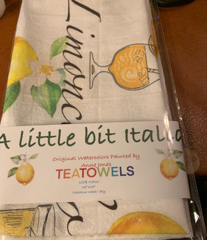 Limoncello Design 
Great for a party
adding a touch of lemon to your decor
A Salute to our favorite drink on the Amalfi Coast
100%cotton tea towel
27x27”