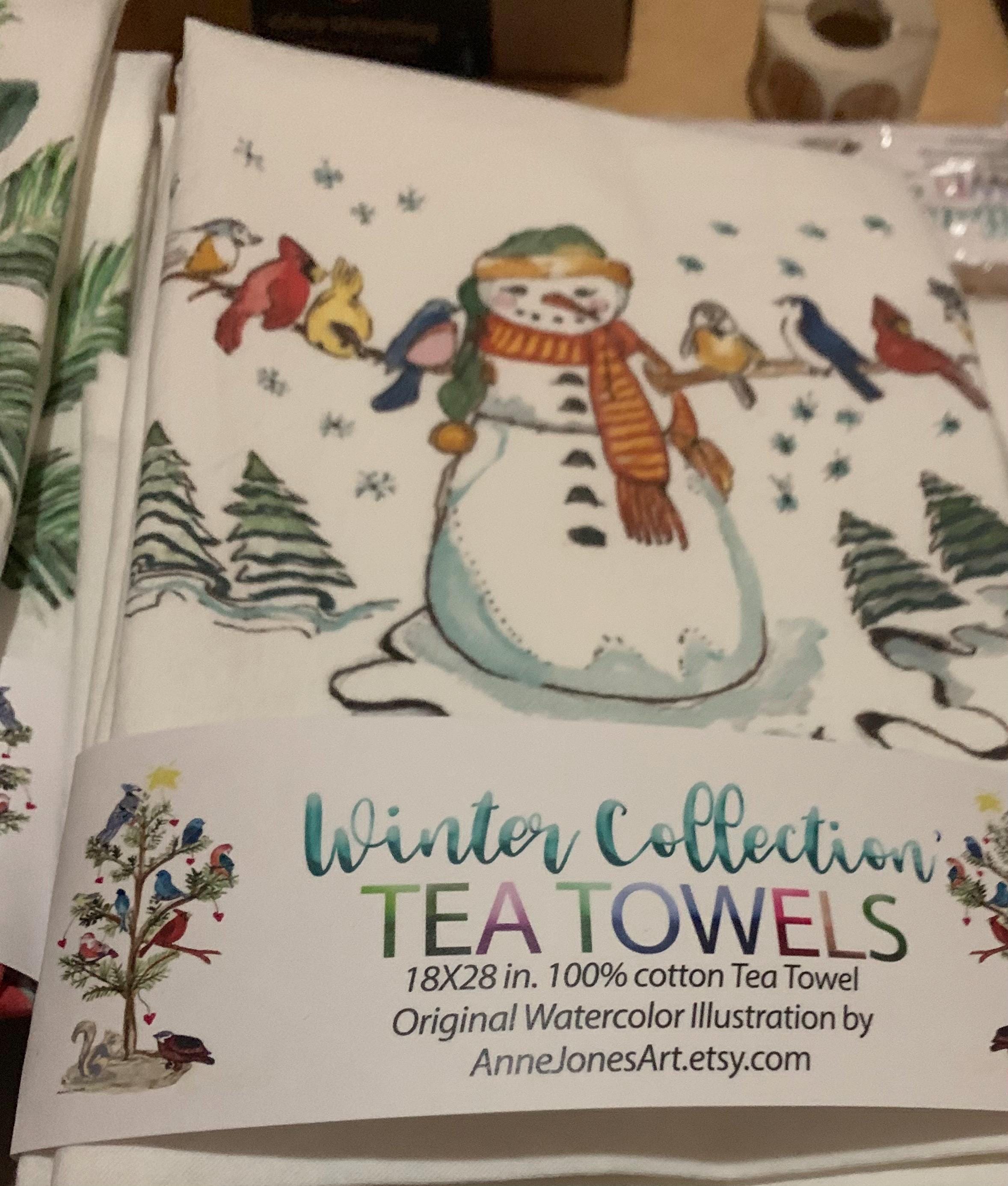 Tea Towel. Snowman Winter Birds, Woodsy Cabin Decor