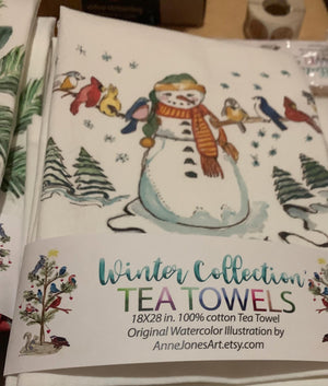 Tea Towel. Snowman Winter Birds, Woodsy Cabin Decor