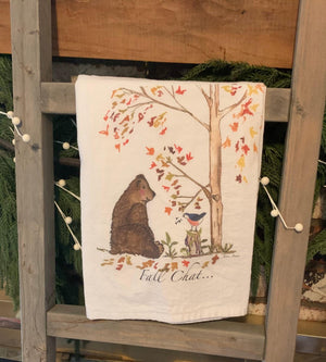 Handpainted Kitchen Towel Fall Bear Design Cotton Flour Sack Woodland Animal Illustration Autumn Seasonal Decor Rustic Cabin Style Country Kitchen Accent Functional Absorbent Fabric Decorative Tea Towel Fall Chat Theme Charming Animal