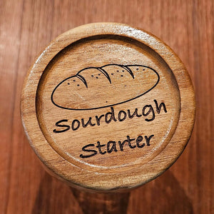 Acacia Wood Sourdough Starter Lid Mason Jar Cover Bread Baker Gift Kitchen Fermentation Supplies Wood Burned Design Artisan Crafted Detail Wide Mouth Regular Mouth Sizes Available Breathable Lid Prevents Starter Loss Natural Wood Kitchen