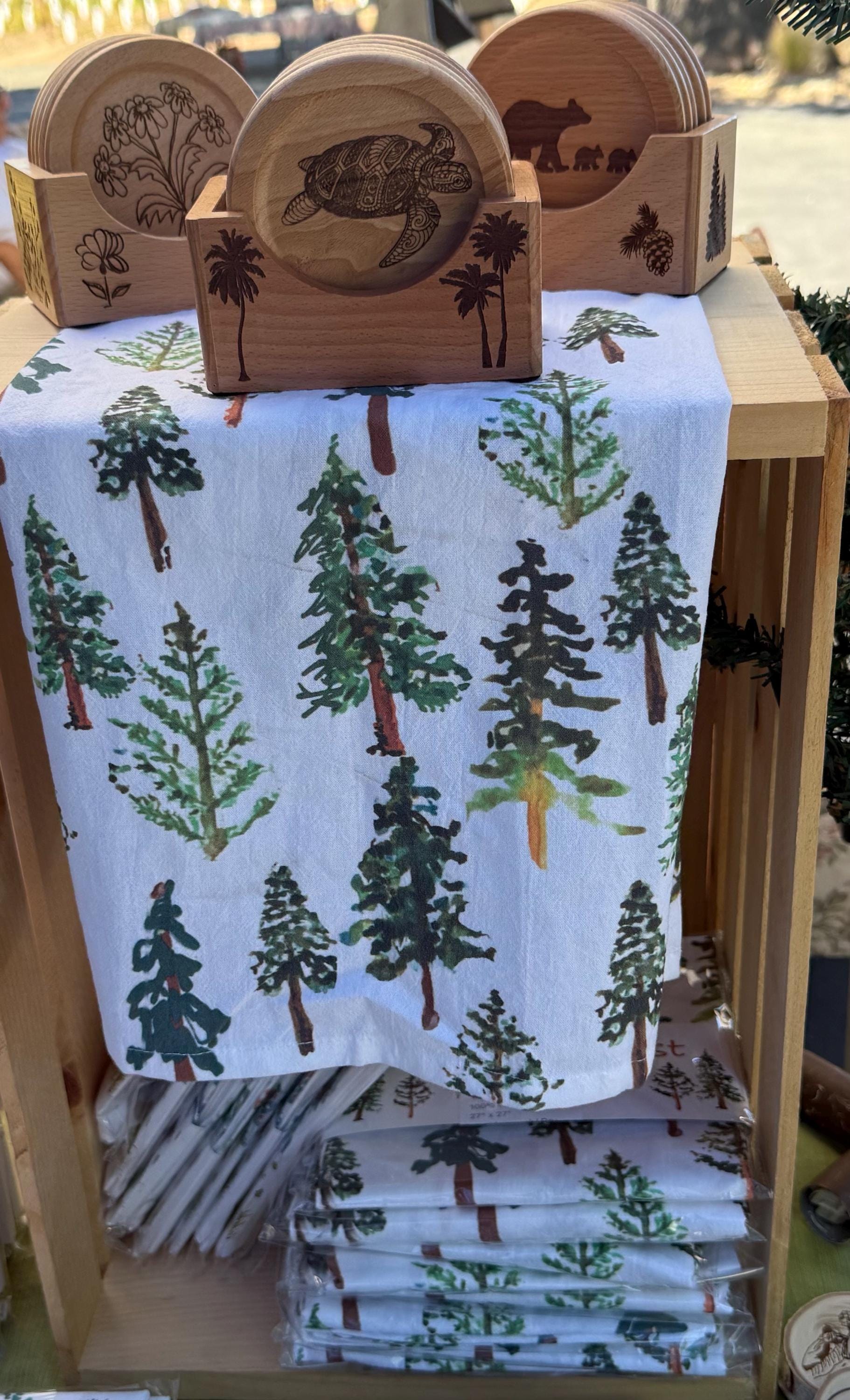 Forest Evergreen Trees Tea Towel Flour Sack Cotton Kitchen Linen Nature Wilderness Pine Design Hostess Gift Idea Housewarming Present Cabin Styling Rustic Home Addition Dish Cloth Bar Display Hanging Kitchen Essential Bread Basket Liner