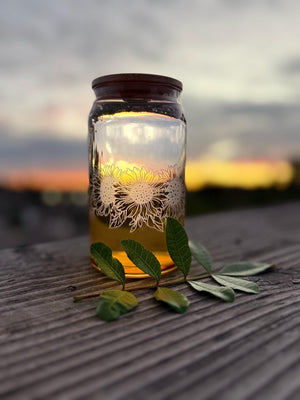 Tinted Glass Drink Jars with Etched Wildflowers, Bamboo Lids (16 oz)