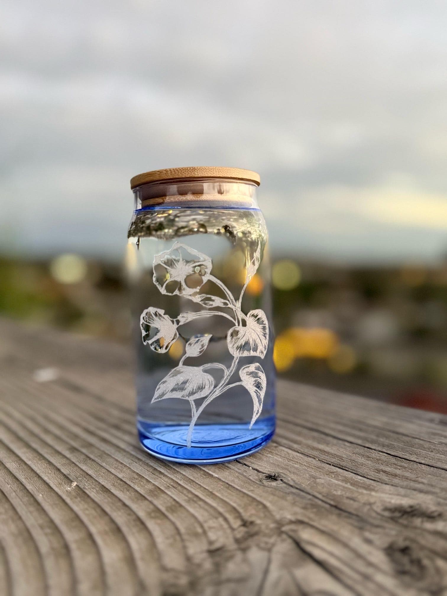 Tinted Glass Drink Jars with Etched Wildflowers, Bamboo Lids (16 oz)