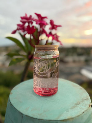 Tinted Glass Drink Jars with Etched Wildflowers, Bamboo Lids (16 oz)