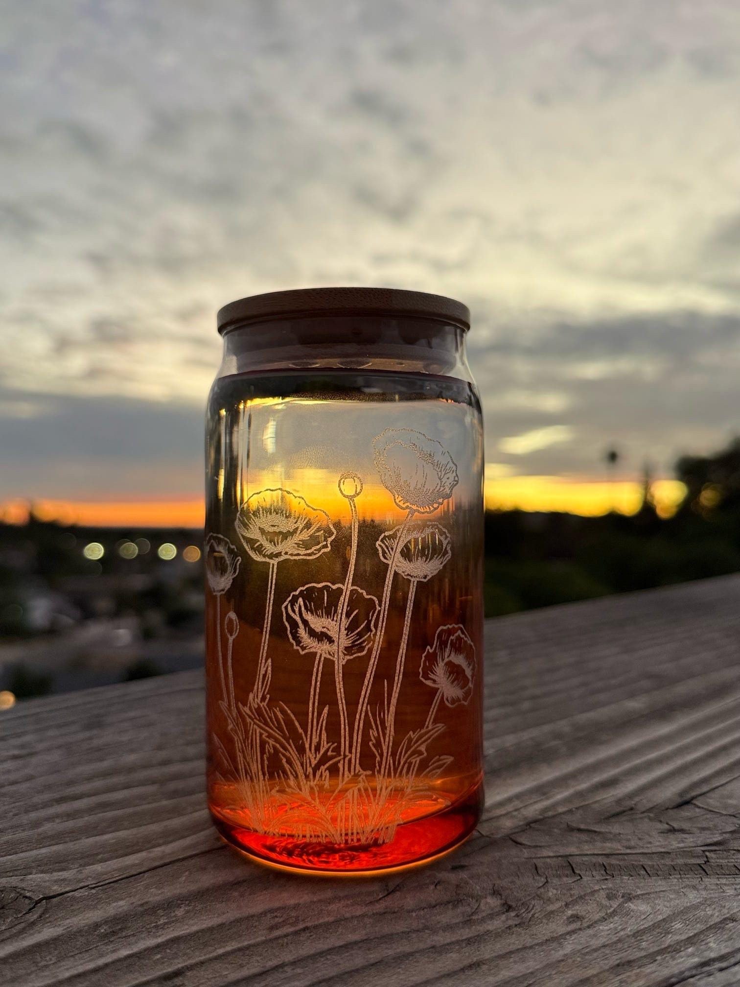 Tinted Glass Drink Jars with Etched Wildflowers, Bamboo Lids (16 oz)
