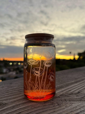 Tinted Glass Drink Jars with Etched Wildflowers, Bamboo Lids (16 oz)