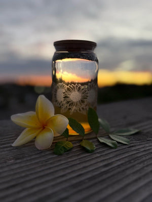 Tinted Glass Drink Jars with Etched Wildflowers, Bamboo Lids (16 oz)