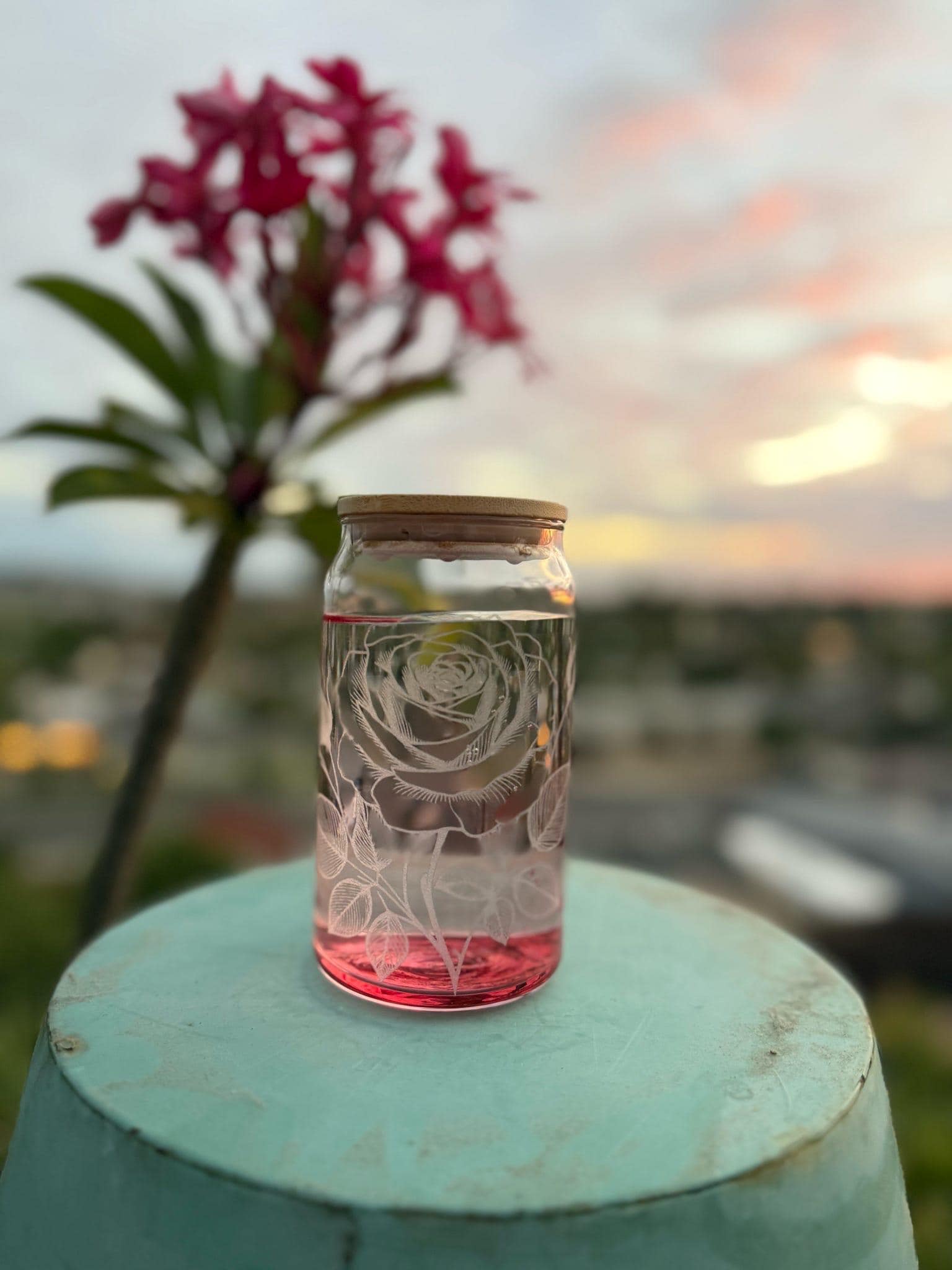 Tinted Glass Drink Jars with Etched Wildflowers, Bamboo Lids (16 oz)