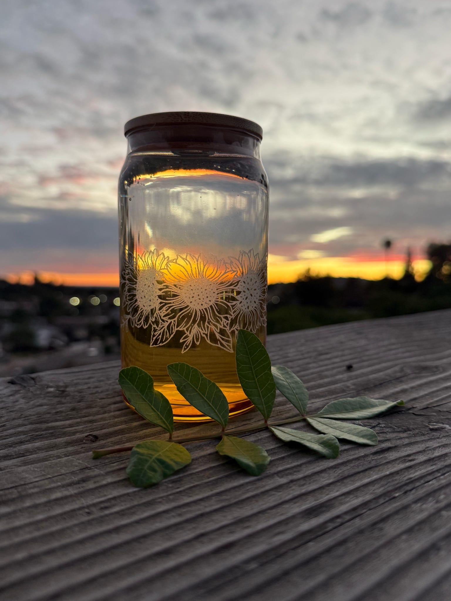 Tinted Glass Drink Jars with Etched Wildflowers, Bamboo Lids (16 oz)