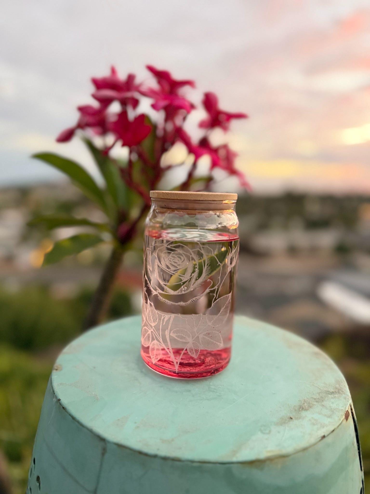 Tinted Glass Drink Jars with Etched Wildflowers, Bamboo Lids (16 oz)