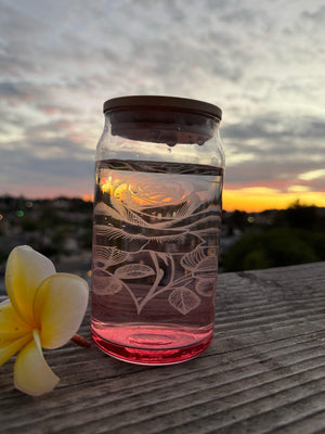 Tinted Glass Drink Jars with Etched Wildflowers, Bamboo Lids (16 oz)